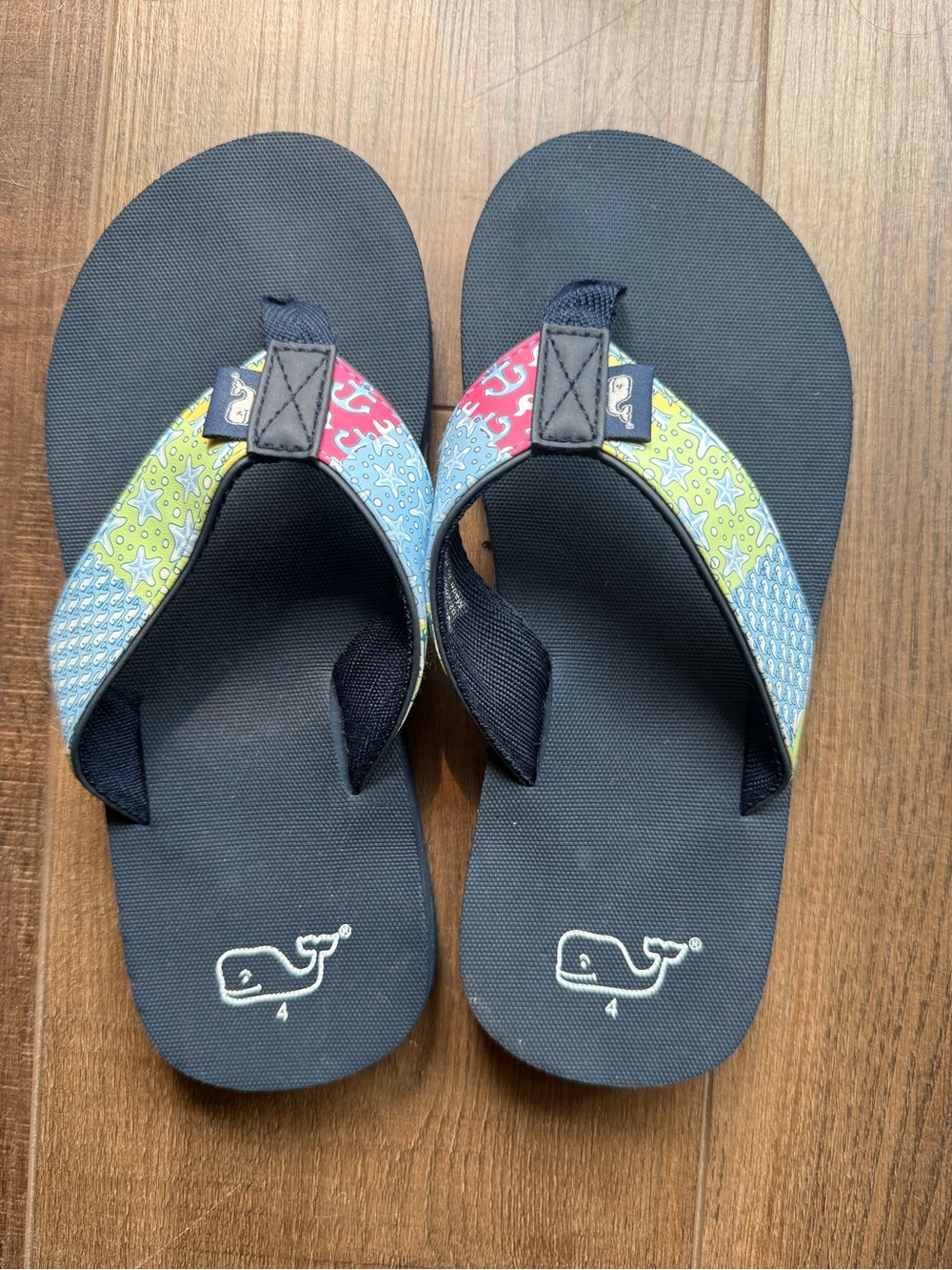 Vineyard Vines Kids Navy Flip Flops with Multicolor Patterned Straps